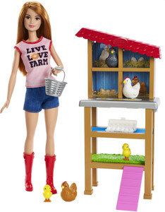 बार्बी Chicken Farmer Doll Playset with Henhouse, 3 Chickens, 2 Chicks and More