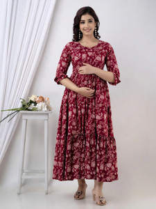 Henal Women Fit and Flare Maroon, White Maxi/Full Length Dress