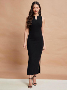 Selvia Women Bodycon Black Midi/Calf Length Dress