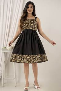 HANDISH Women Fit and Flare Gold Knee Length Dress