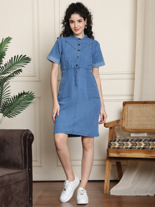 Puella Women Fit and Flare Light Blue Knee Length Dress