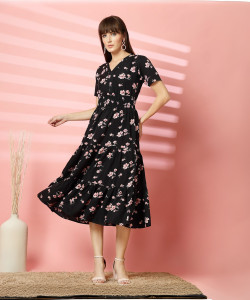 Wordope Women Fit and Flare Black Midi/Calf Length Dress