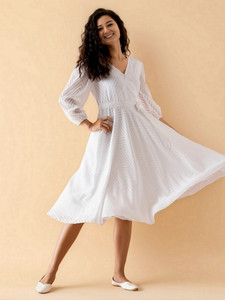 AASK Women Fit and Flare White Below Knee Dress