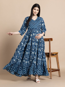 Gujari Women Fit and Flare Blue Ankle Length Dress