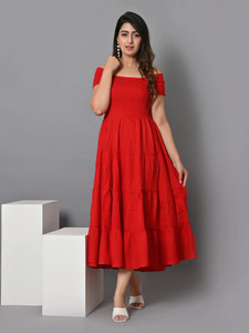 VYMO Women Fit and Flare Red Midi/Calf Length Dress