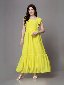 AAYU Women Fit and Flare Yellow Midi/Calf Length Dress