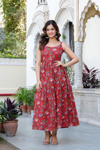 MANOJAVA Women Fit and Flare Red Maxi/Full Length Dress