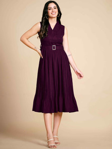 TextileNow Women Pleated Purple Midi/Calf Length Dress