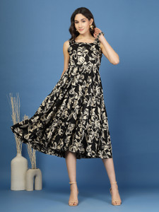 Daevish Women Skater Black Midi/Calf Length Dress