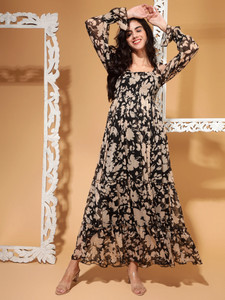 DRAPE AND DAZZLE Women Fit and Flare Black Midi/Calf Length Dress