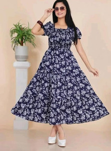 rooyal Women Fit and Flare Dark Blue Midi/Calf Length Dress