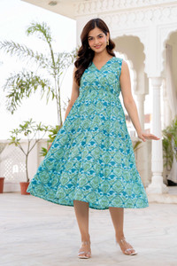 Madhucreation Women Tiered Blue Ankle Length Dress