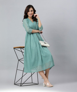 Janasya Women A-line Green Midi/Calf Length Dress