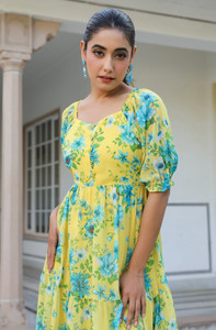 Janasya Women Fit and Flare Blue, Yellow Below Knee Dress