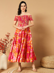 ZWERLON Women Fit and Flare Orange Midi/Calf Length Dress