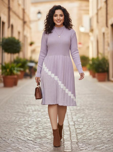 Lasoon Women Pleated Purple Below Knee Dress
