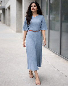 Selvia Women Fit and Flare Light Blue Midi/Calf Length Dress