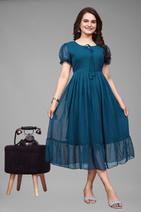 Bhadani Women Fit and Flare Dark Blue Midi/Calf Length Dress