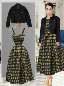 LEETOS Women A-line Black, Black Midi/Calf Length Dress