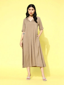 Varanga Women A-line Beige Midi/Calf Length Dress