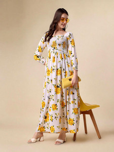Honky Tonky Women Fit and Flare White, Yellow, Dark Green Maxi/Full Length Dress