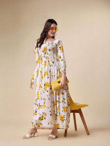 Honky Tonky Women Fit and Flare White, Yellow, Dark Green Maxi/Full Length Dress