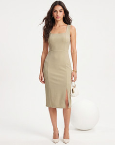 Selvia Women Bodycon Beige Midi/Calf Length Dress