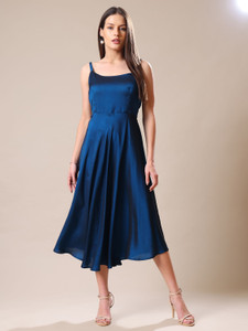 Kinjo Women Fit and Flare Dark Blue Knee Length Dress