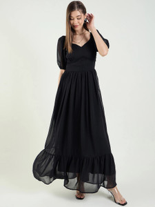 AAYU Women Fit and Flare Black Maxi/Full Length Dress