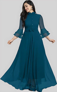 Jash Creation Women Fit and Flare Dark Blue Maxi/Full Length Dress