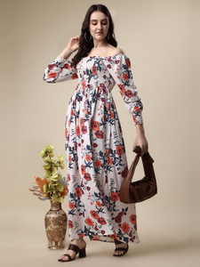 Honky Tonky Women Fit and Flare Blue, Orange, White Maxi/Full Length Dress