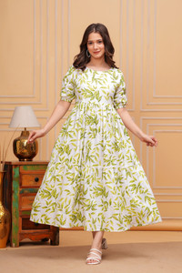 Twirl Tales Women A-line Light Green, White Midi/Calf Length Dress