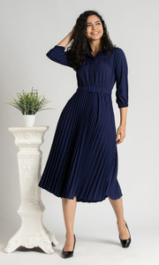 AASK Women Pleated Blue Midi/Calf Length Dress