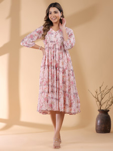 Janasya Women Tiered Pink Midi/Calf Length Dress