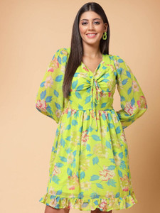 PLUSS Women Fit and Flare Multicolor Above Knee/Mid Thigh Length Dress