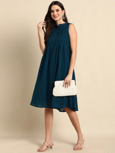 Janasya Women A-line Blue Midi/Calf Length Dress