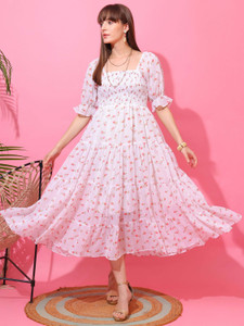 Sheetal Associates Women Fit and Flare White, Pink Midi/Calf Length Dress