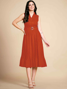 TextileNow Women Pleated Orange Midi/Calf Length Dress