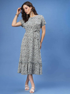 PLUSS Women Fit and Flare Black, Grey, White Midi/Calf Length Dress