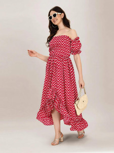 Oomph! Women Ruffled Red, White Maxi/Full Length Dress