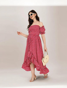 Oomph! Women Ruffled Red, White Maxi/Full Length Dress