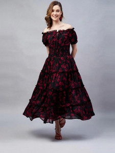 Marie Claire Women Fit and Flare Black, Pink Maxi/Full Length Dress