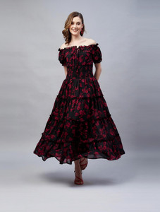 Marie Claire Women Fit and Flare Black, Pink Maxi/Full Length Dress