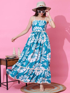 Honky Tonky Women Fit and Flare Blue, White Maxi/Full Length Dress