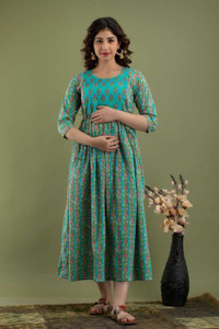 K Nahar Women Fit and Flare Green Midi/Calf Length Dress