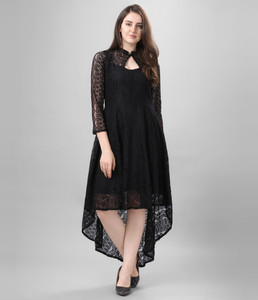 SHCON Women High Low Black Midi/Calf Length Dress