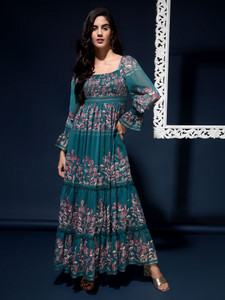 HouseOfCommon Women Fit and Flare Green Maxi/Full Length Dress