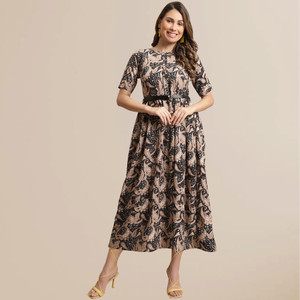 Fabflee Women A-line Black Midi/Calf Length Dress