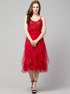 urban streetwear Women Fit and Flare Red Midi/Calf Length Dress