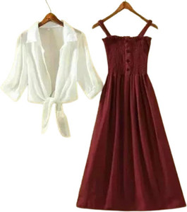 SFCOLLECTION Women A-line Maroon Midi/Calf Length Dress